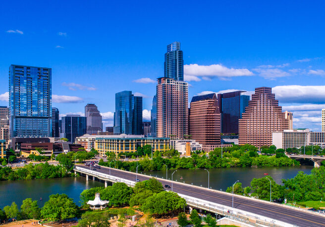 Austin,Texas,Skyline,During,Mid-day,Sunny,Summer,Perfect,Blue,Sky