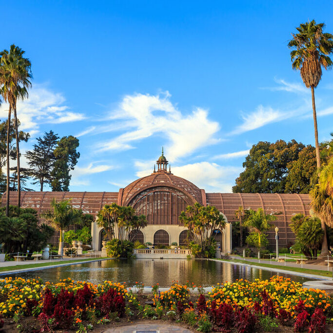 Balboa park Botanical building and pond San Diego, California USA
