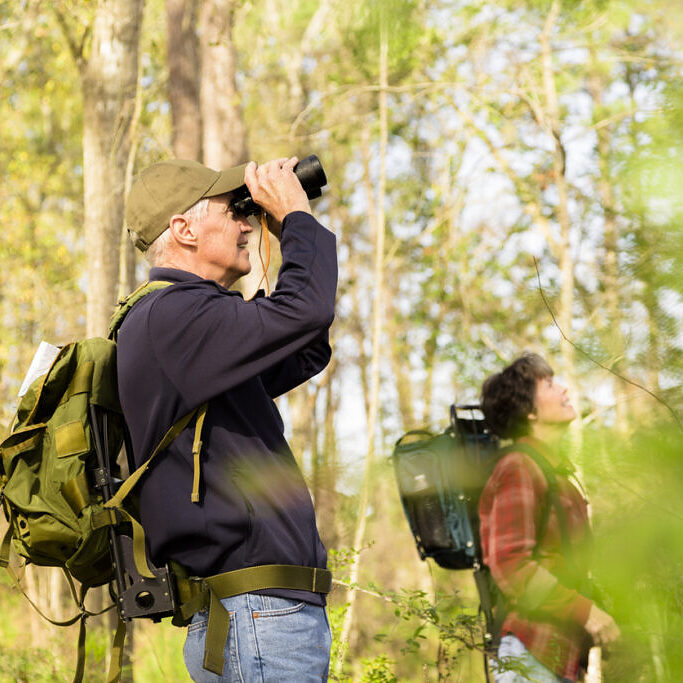 Active senior couple outside hiking in a wooded park area of their community. Man uses binoculars to view wildlife.