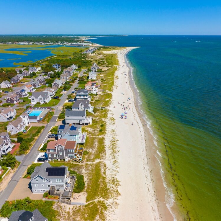 Seagull,Beach,Aerial,View,In,Summer,In,West,Yarmouth,,Cape Flying high over Seagull Beach—where the sand meets the sea!
